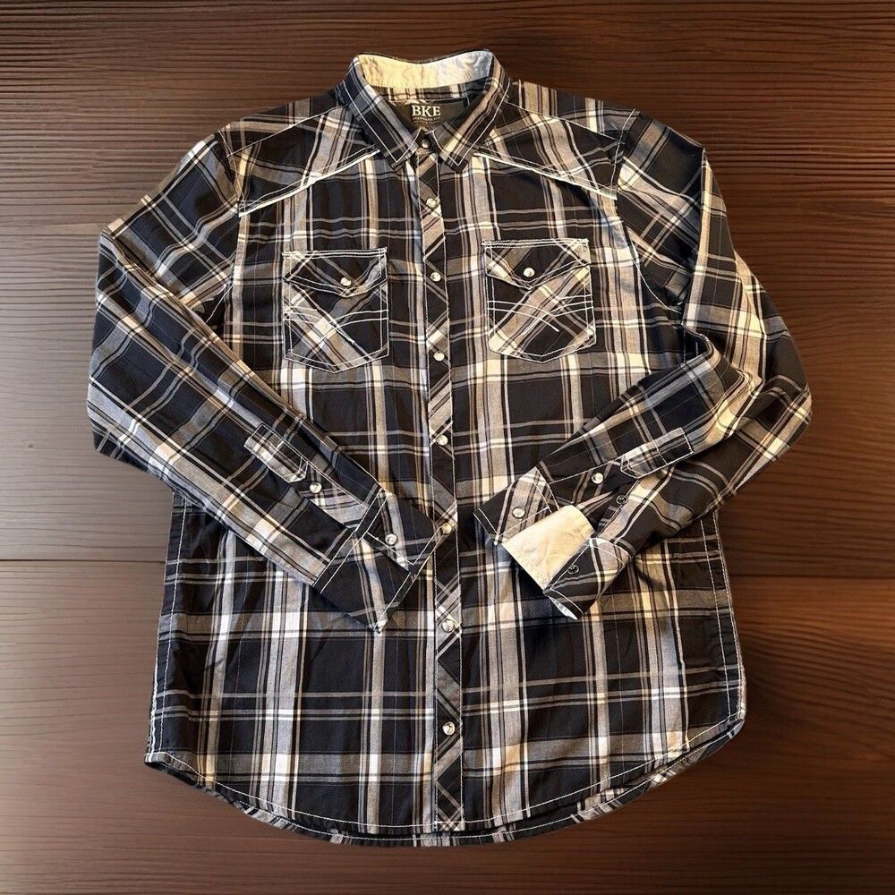 BKE Standard Fit Pearl Snap Shirt Black Grey White, Plaid, Western Cowboy Size L